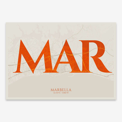 The map of Marbella composed with letters in serif font printed on orange and an off-white background
