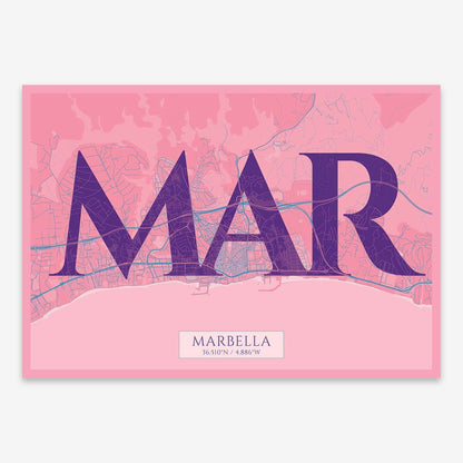 The map of Marbella composed with letters in serif font printed on violet y pink background