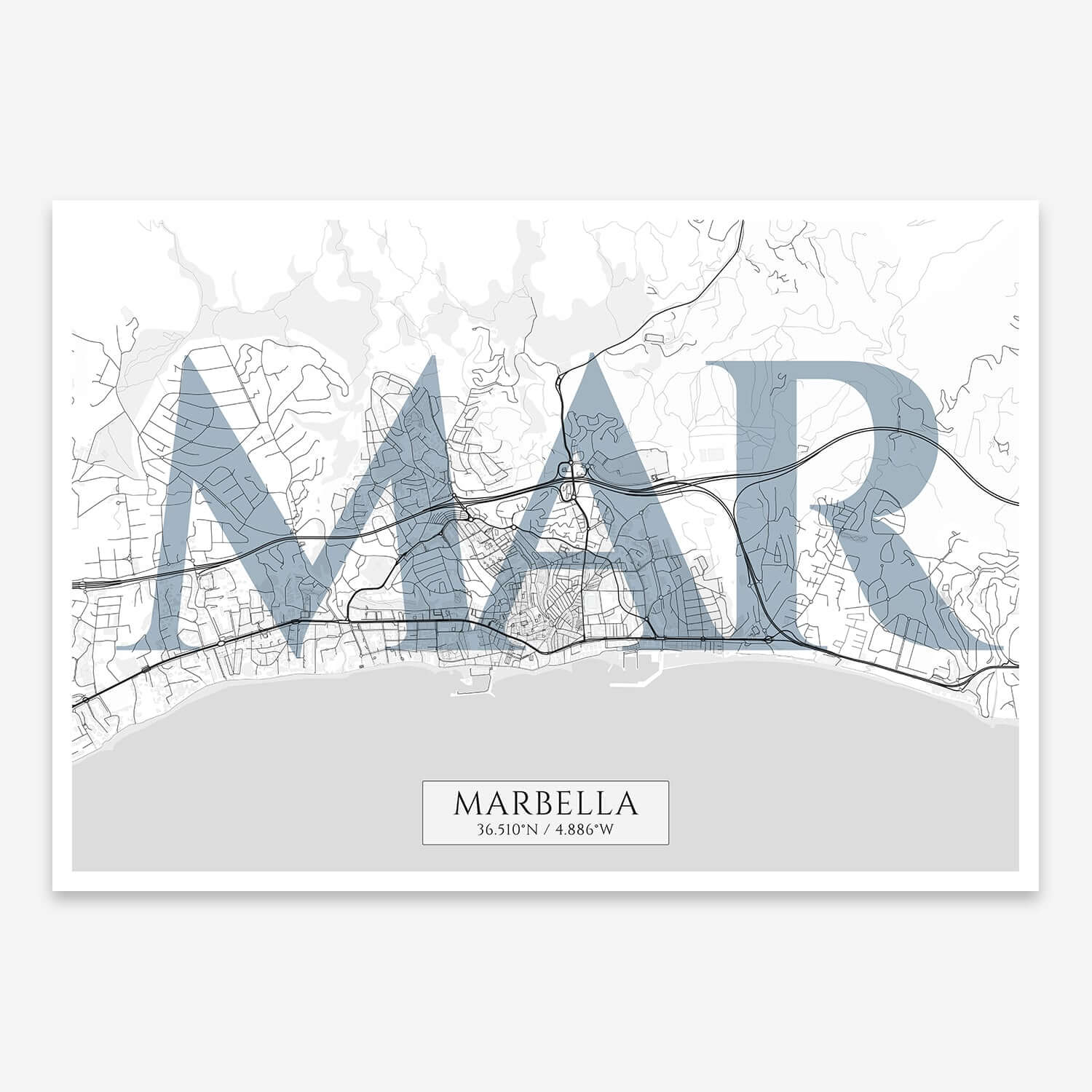 The map of Marbella composed with letters in serif font printed on black and white