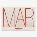 Poster of Marbella composed with letters in extra light font printed on red and an off-white background