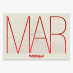 Poster of Marbella composed with letters in extra light font printed on red and an off-white background