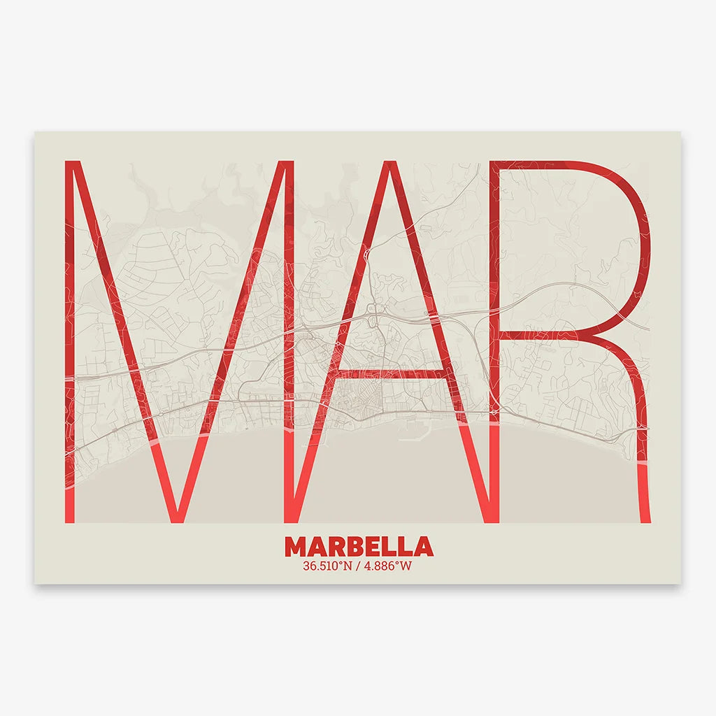 Poster of Marbella composed with letters in extra light font printed on red and an off-white background