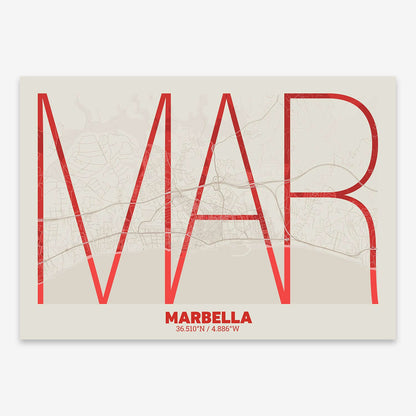 The map of Marbella composed with letters in extra light font printed on red and an off-white background