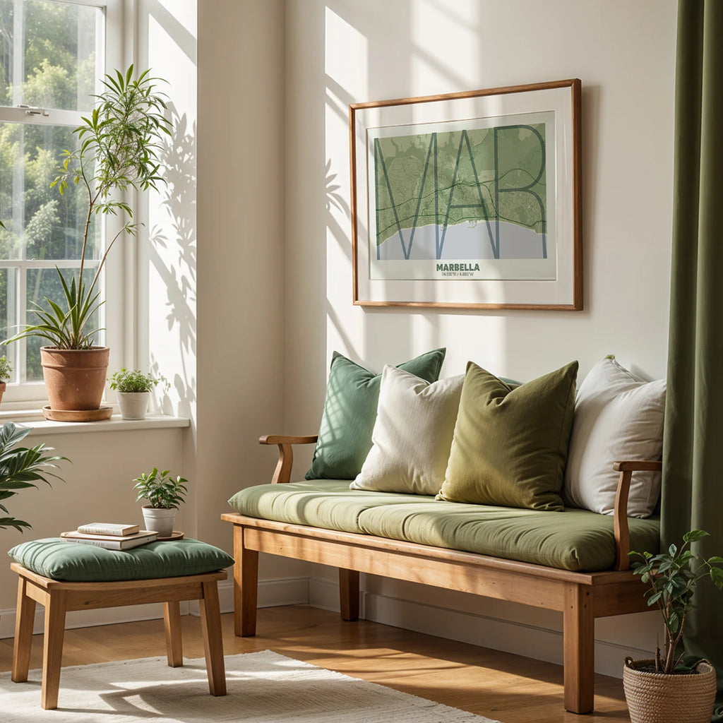 Modern interior design with a Marbella in Ultralight design, a minimalist aesthetic combining urban cartography with modern, extra-thin elegant lettering designed in two green tones, displayed on a living room wall