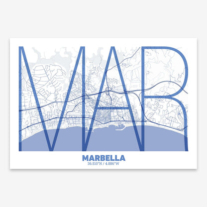 The map of Marbella composed with letters in extra light font printed on navy blue and white