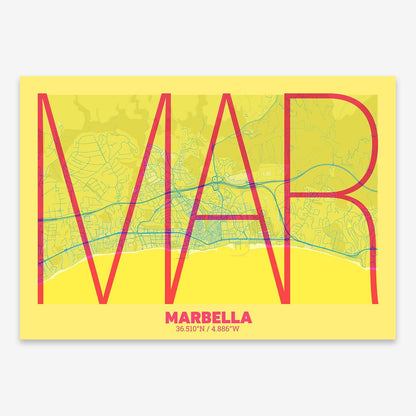The map of Marbella composed with letters in extra light font printed on yellow and fuchsia