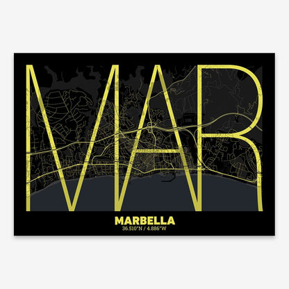 The map of Marbella composed with letters in extra light font printed on black and yellow