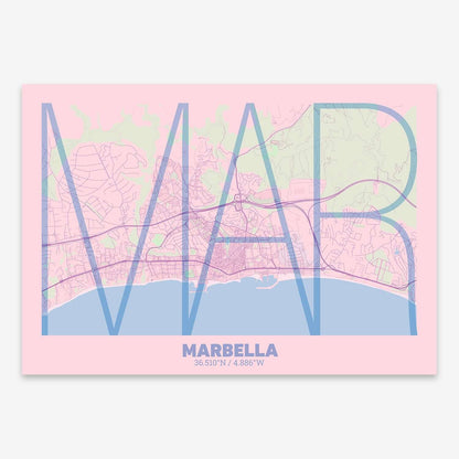 The map of Marbella composed with letters in extra light font printed on pink and light blue