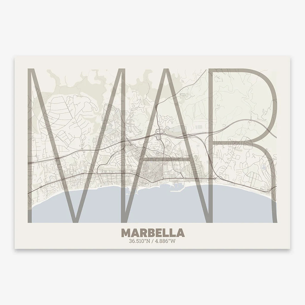 Poster of Marbella composed with letters in extra light font printed on light brown and an off-white background