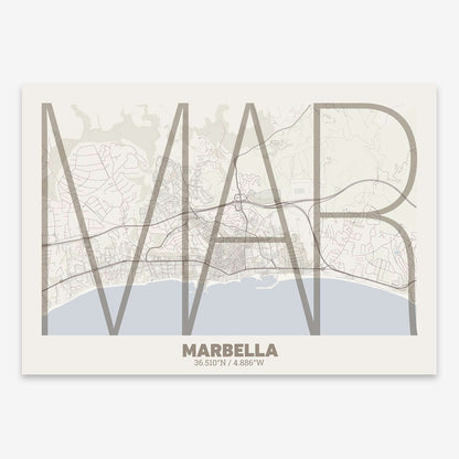 The map of Marbella composed with letters in extra light font printed on light brown and an off-white background