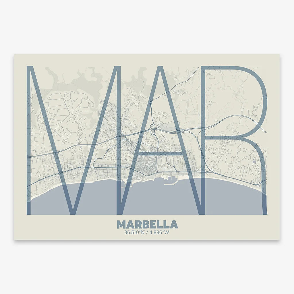 Poster of Marbella composed with letters in extra light font printed on bluish gray and an off-white background