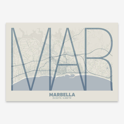 The map of Marbella composed with letters in extra light font printed on bluish gray and an off-white background
