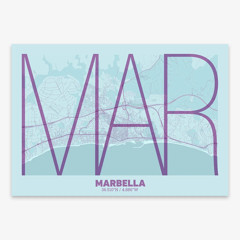 Poster of Marbella composed with letters in extra light font printed on purple and light blue