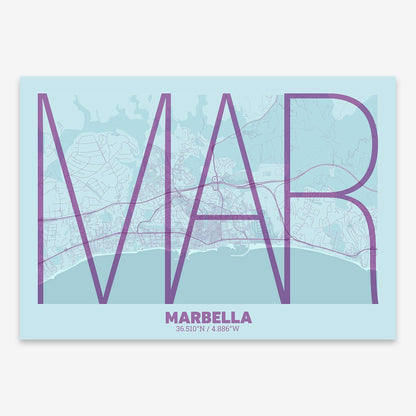 The map of Marbella composed with letters in extra light font printed on purple and light blue