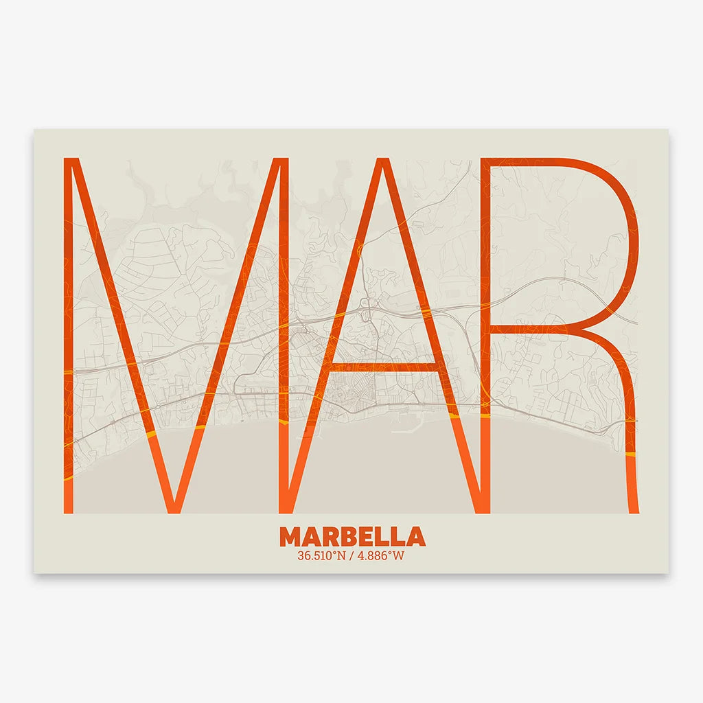 Poster of Marbella composed with letters in extra light font printed on orange and an off-white background