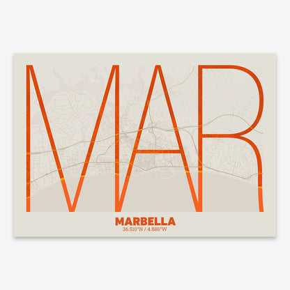 The map of Marbella composed with letters in extra light font printed on orange and an off-white background