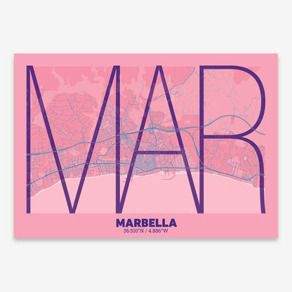 The map of Marbella composed with letters in extra light font printed on violet y pink background