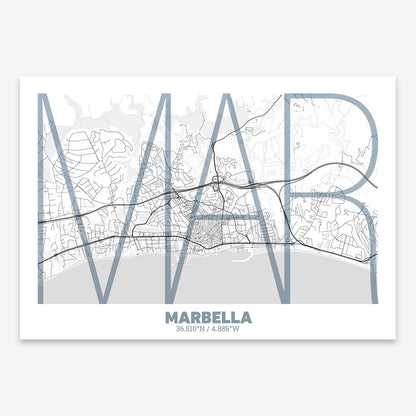 The map of Marbella composed with letters in extra light font printed on black and white