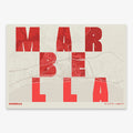 Decorative print of Marbella with letters of its name placed randomly, designed in red and an off-white background