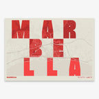 Decorative print of Marbella with letters of its name placed randomly, designed in red and an off-white background