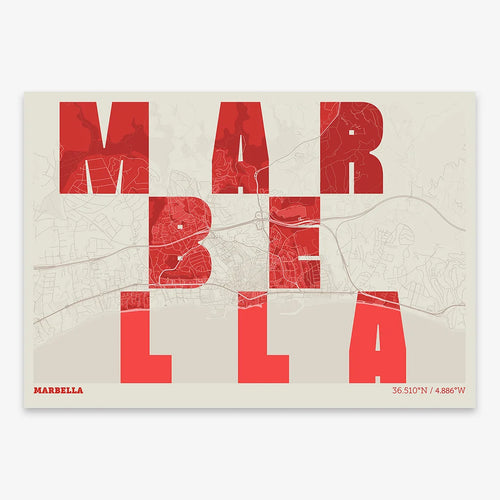 Mapa de Marbella en el diseño la Revoltosa, donde las letras del nombre aparecen aleatoriamente en diferentes líneas para un diseño urbano realmente original diseñado en rojo y fondo blanco roto