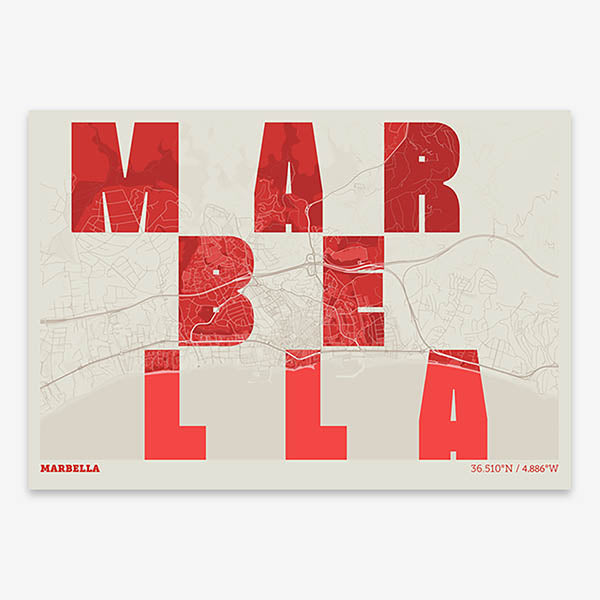 Decorative print of Marbella with letters of its name placed randomly, designed in red and an off-white background