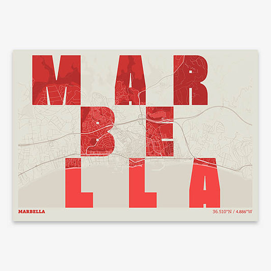Decorative print of Marbella with letters of its name placed randomly, designed in red and an off-white background