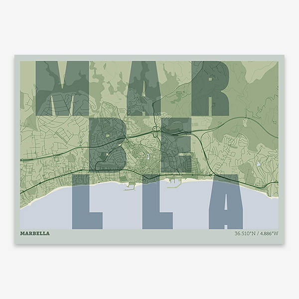Decorative print of Marbella with letters of its name placed randomly, designed in two green tones