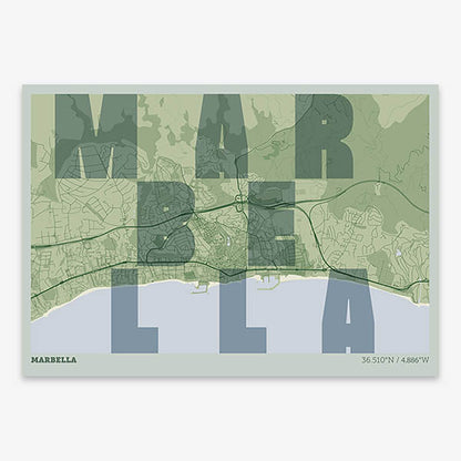 Decorative print of Marbella with letters of its name placed randomly, designed in two green tones