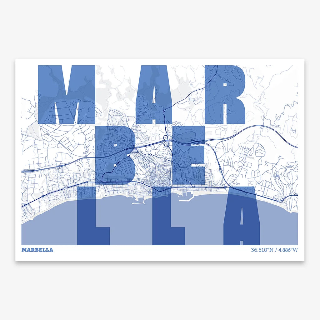 Decorative print of Marbella with letters of its name placed randomly, designed in navy blue and white