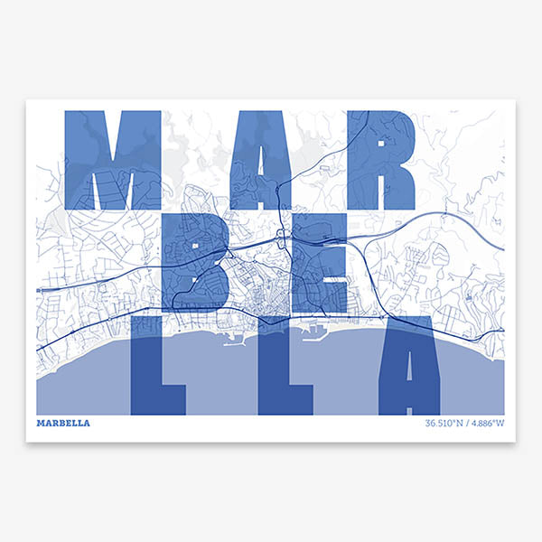 Decorative print of Marbella with letters of its name placed randomly, designed in navy blue and white