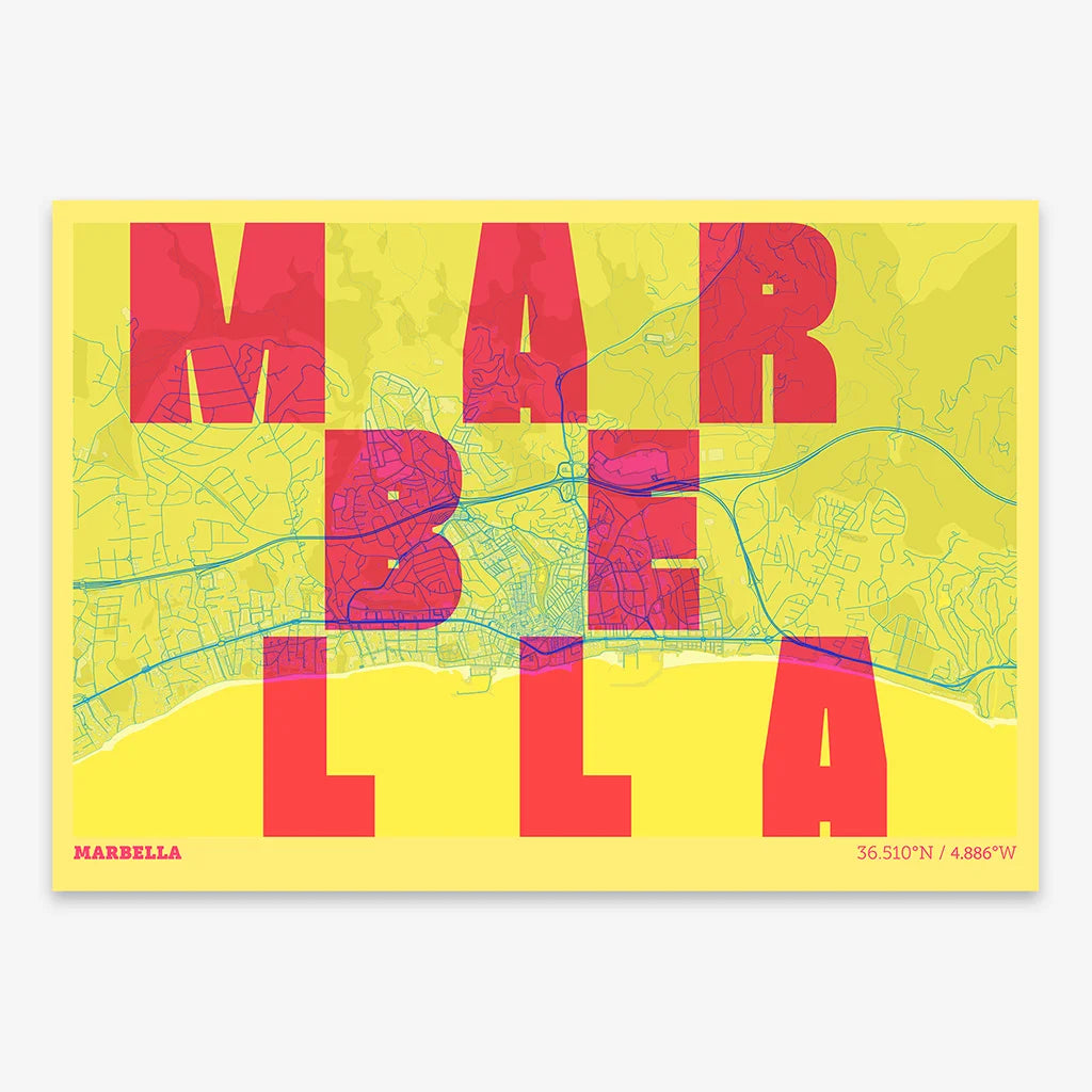 Decorative print of Marbella with letters of its name placed randomly, designed in yellow and fuchsia