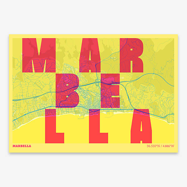 Decorative print of Marbella with letters of its name placed randomly, designed in yellow and fuchsia