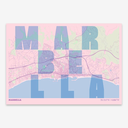 The map of Marbella with letters of its name placed randomly, designed in pink and light blue