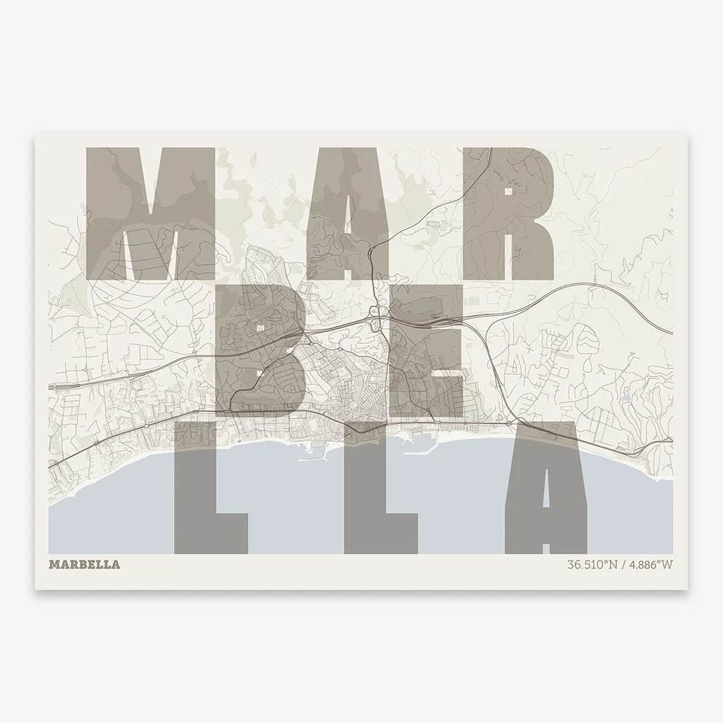 Decorative print of Marbella with letters of its name placed randomly, designed in light brown and an off-white background
