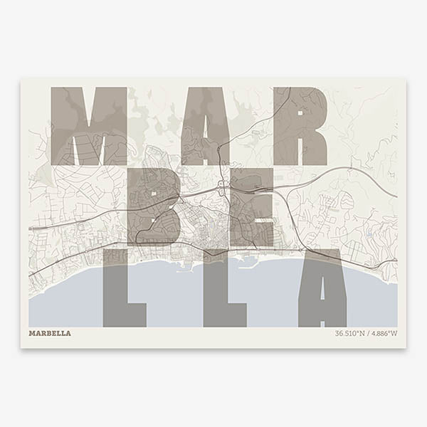 Decorative print of Marbella with letters of its name placed randomly, designed in light brown and an off-white background