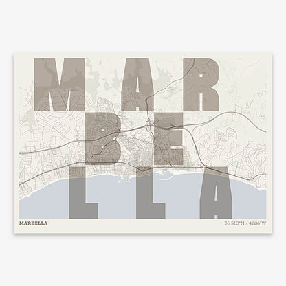 Decorative print of Marbella with letters of its name placed randomly, designed in light brown and an off-white background