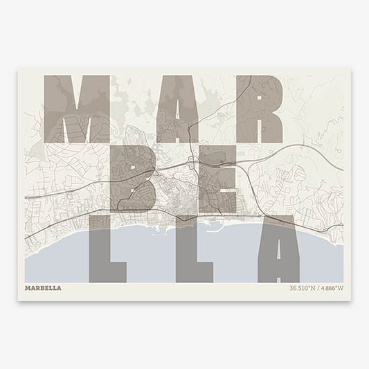 Decorative print of Marbella with letters of its name placed randomly, designed in light brown and an off-white background