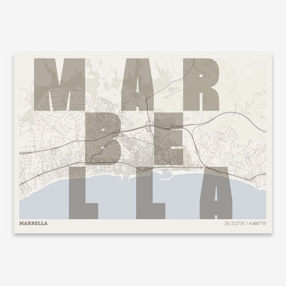 The map of Marbella with letters of its name placed randomly, designed in light brown and an off-white background