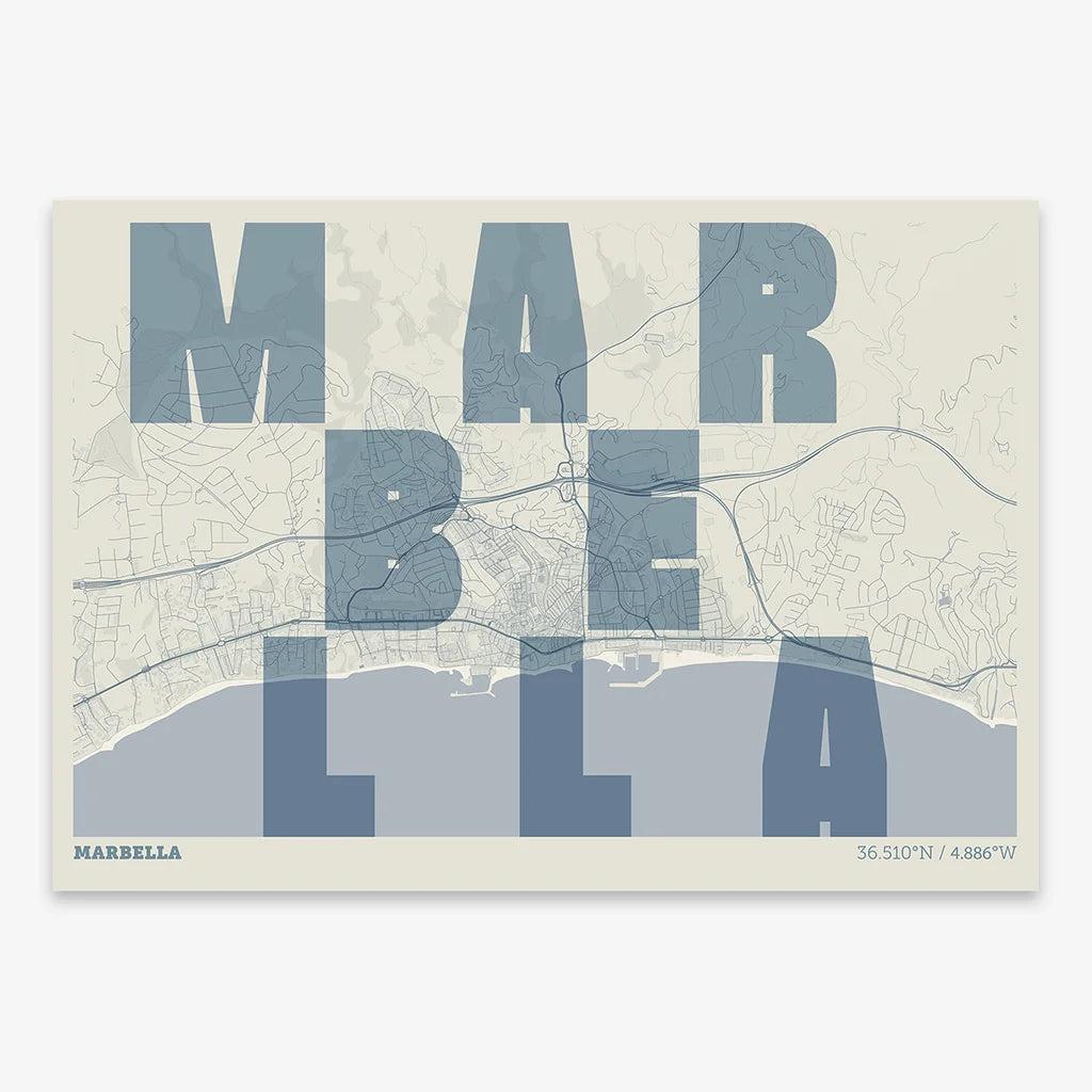 Decorative print of Marbella with letters of its name placed randomly, designed in bluish gray and an off-white background