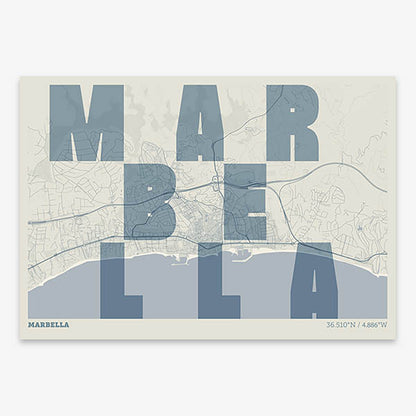 Decorative print of Marbella with letters of its name placed randomly, designed in bluish gray and an off-white background