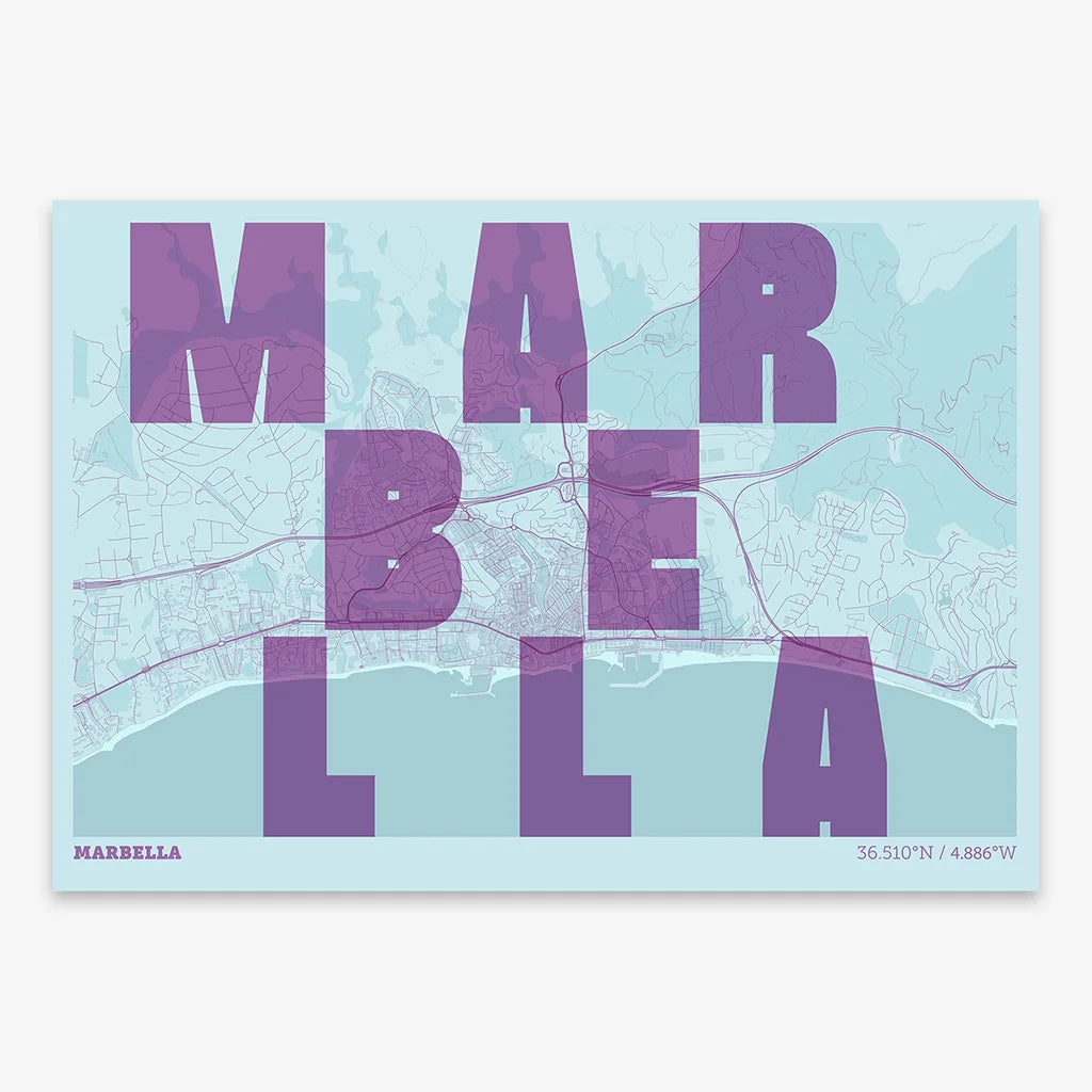 Decorative print of Marbella with letters of its name placed randomly, designed in purple and light blue