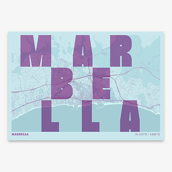 Decorative print of Marbella with letters of its name placed randomly, designed in purple and light blue