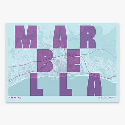 Decorative print of Marbella with letters of its name placed randomly, designed in purple and light blue