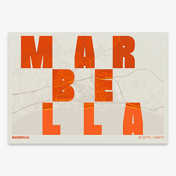Decorative print of Marbella with letters of its name placed randomly, designed in orange and an off-white background