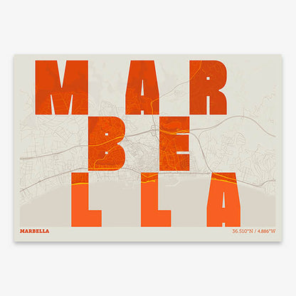 Decorative print of Marbella with letters of its name placed randomly, designed in orange and an off-white background