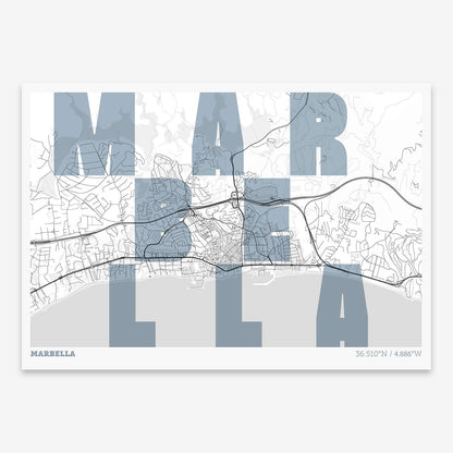 The map of Marbella with letters of its name placed randomly, designed in black and white