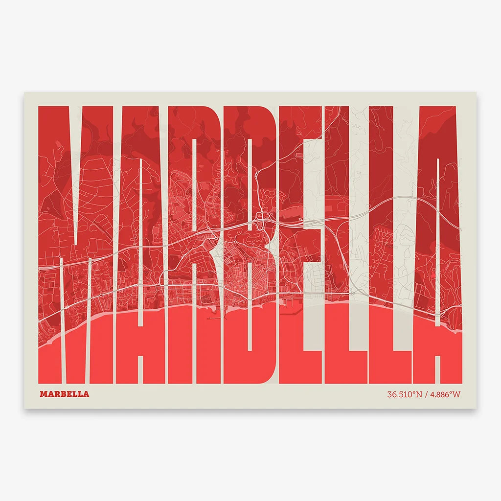 Decorative map of Marbella and letters of its name in a giclée print designed in red and an off-white background