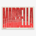 Decorative map of Marbella and letters of its name in a giclée print designed in red and an off-white background