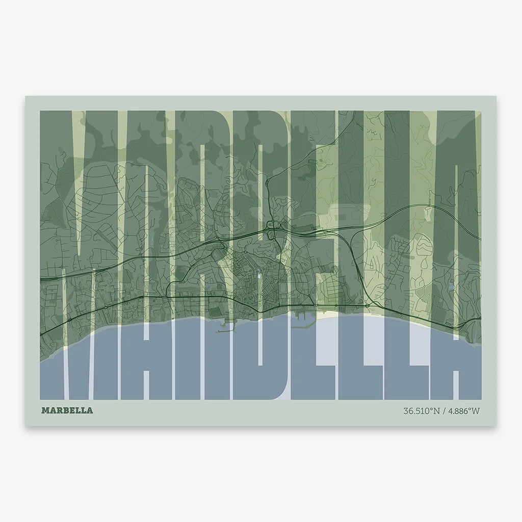 Decorative map of Marbella and letters of its name in a giclée print designed in two green tones